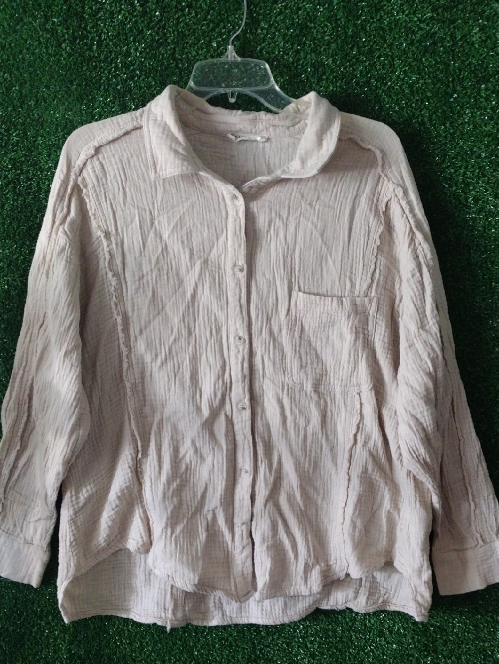 New In Gazi Cotton Light Beige Crinkled Button-Up Shirt